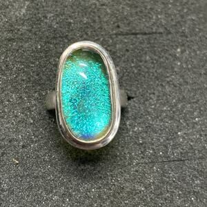 Vintge Sterling Silver Ring Art Glitter Glass Bezel Set Size 5.5, Color Shifting